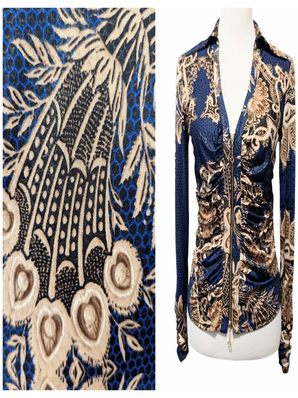 Joseph Ribkoff Womens Size 8 Blue Gold Baroque Scroll Full Zip Ruched L/S Top